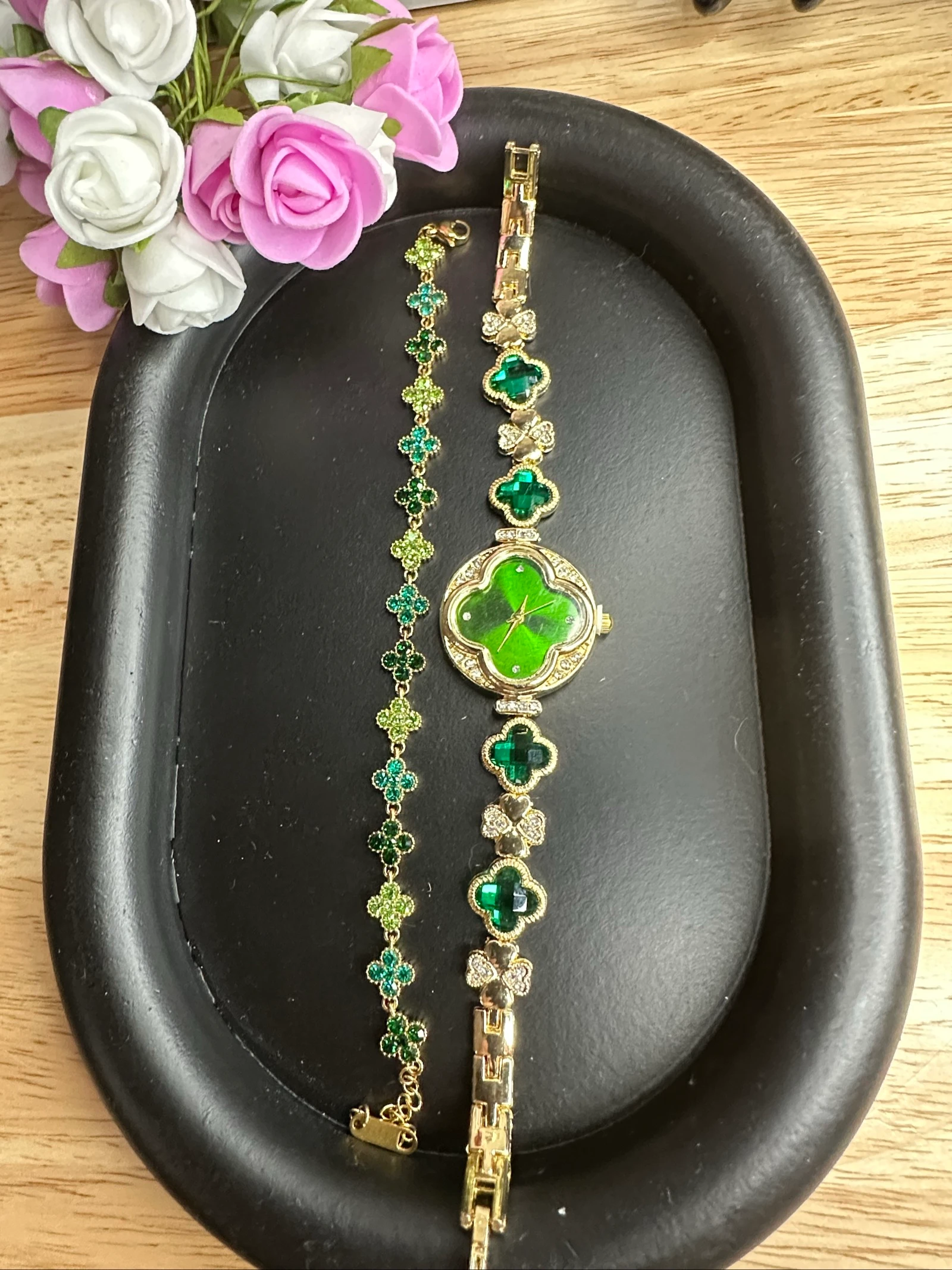 Quartz Watch & Emerald Green Clover Bracelet Set - 18K Gold Plated & Stainless Steel – photo 4
